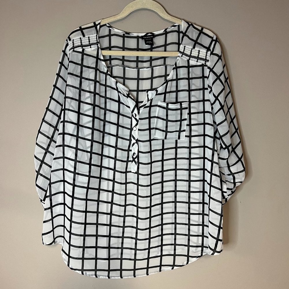Torrid Black & White Windowpane Plaid Semi Sheer Blouse Top